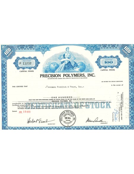 1970 - PRECISION POLYMERS, INC. - 100 AZIONI