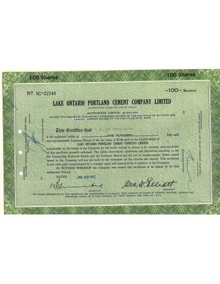 1962 - LAKE ONTARIO PORTLAND CEMENT COMPANY LIMITED - 100 AZIONI
