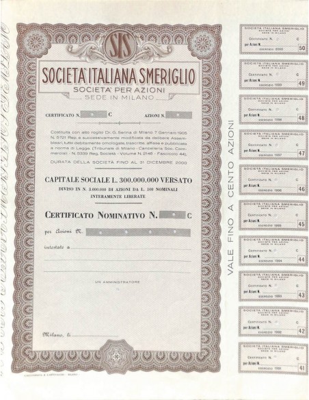 SOC. ITALIANA SMERIGLIO - AZIONI - MILANO 1905