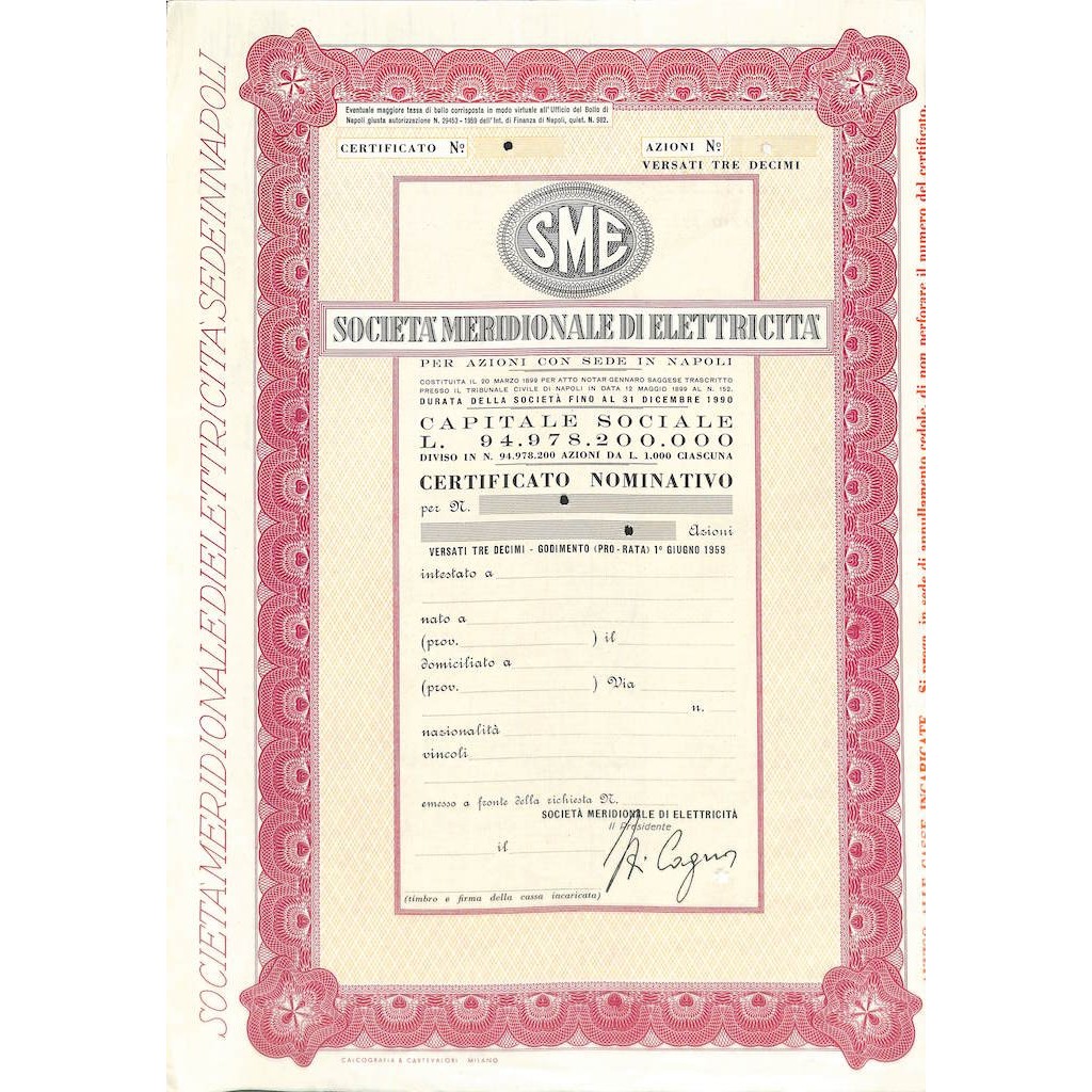 SME - SOC. MERIDIONALE DI ELETTRICITA' - AZIONI - NAPOLI 1899