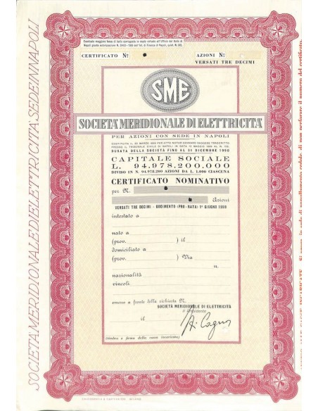 SME - SOC. MERIDIONALE DI ELETTRICITA' - AZIONI - NAPOLI 1899