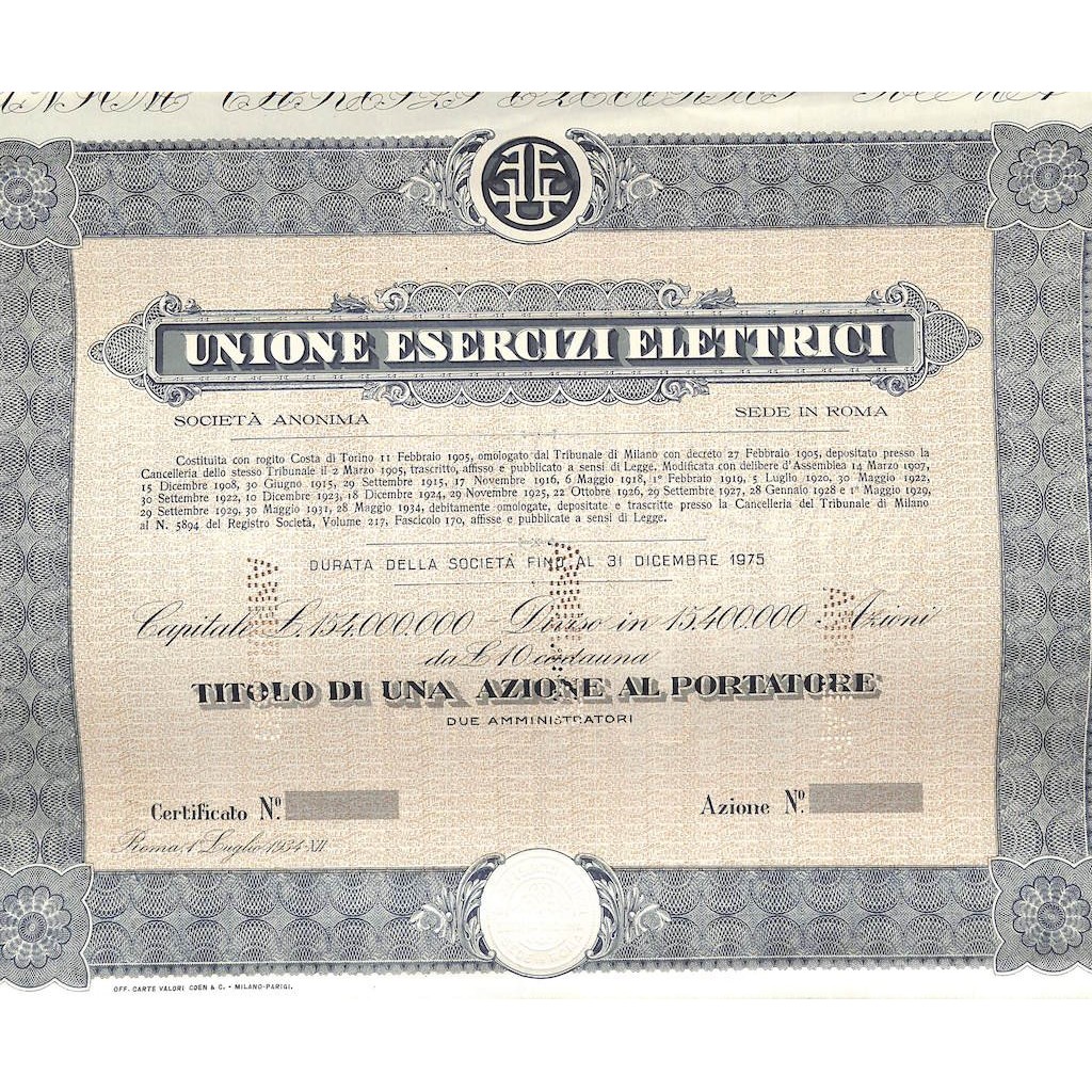 UNIONE ESERCIZI ELETTRICI - UNA AZIONE - ROMA 1934
