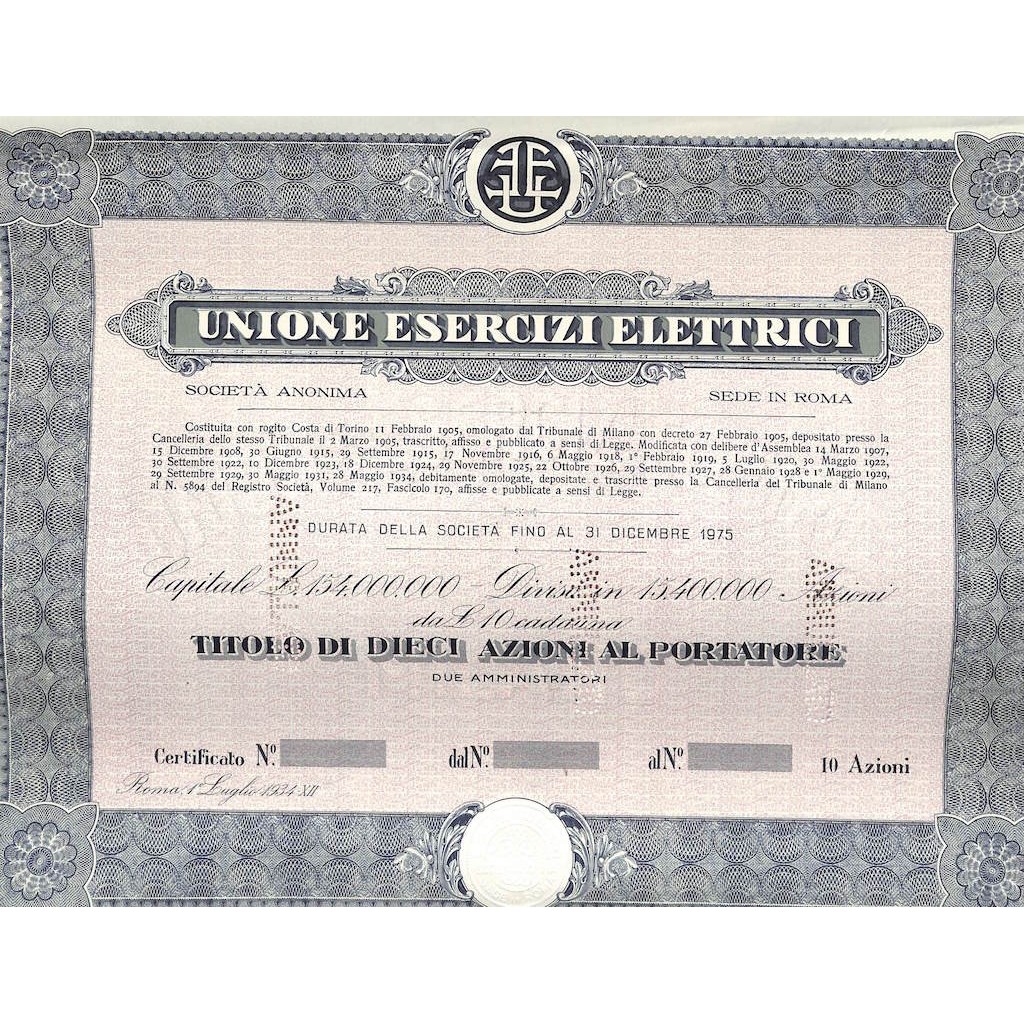 UNIONE ESERCIZI ELETTRICI -10 AZIONI - ROMA 1934