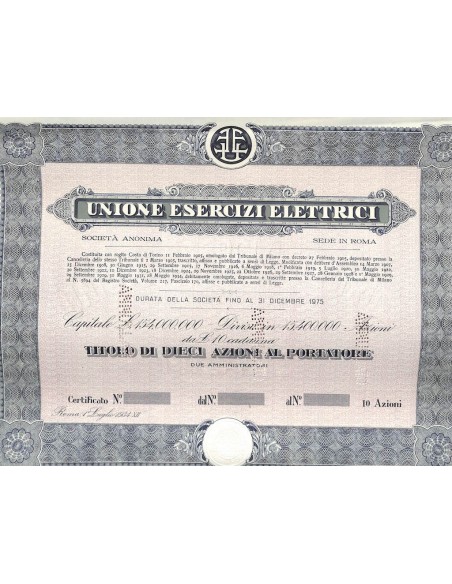 UNIONE ESERCIZI ELETTRICI -10 AZIONI - ROMA 1934