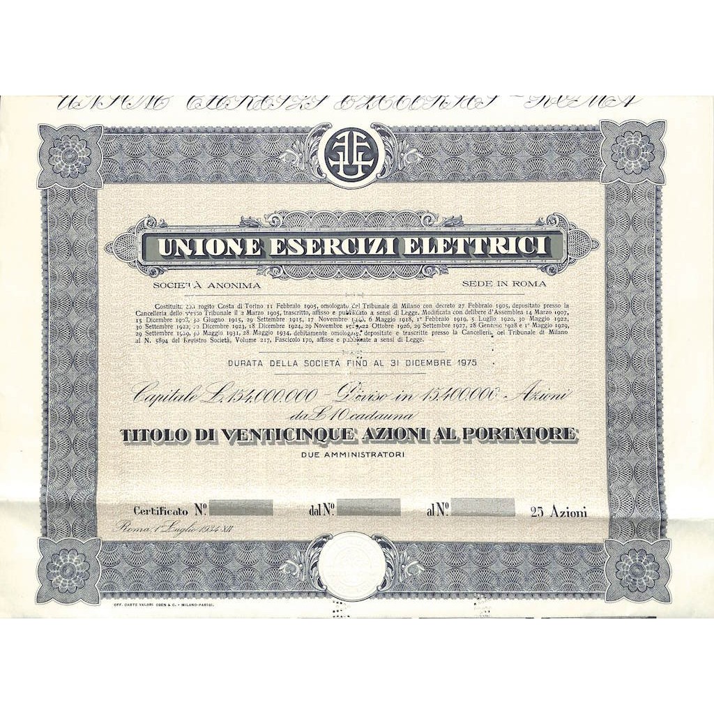 UNIONE ESERCIZI ELETTRICI -25 AZIONI - ROMA 1934
