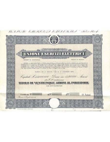 UNIONE ESERCIZI ELETTRICI -25 AZIONI - ROMA 1934