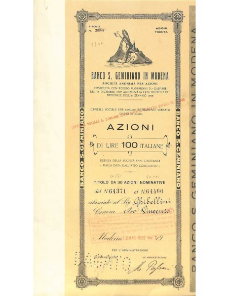BANCO DI SAN GEMINIANO IN MODENA 30 AZIONI MODENA 1932