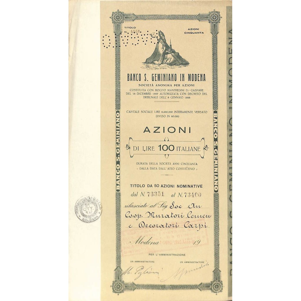 BANCO DI SAN GEMINIANO IN MODENA 50 AZIONI MODENA 1932