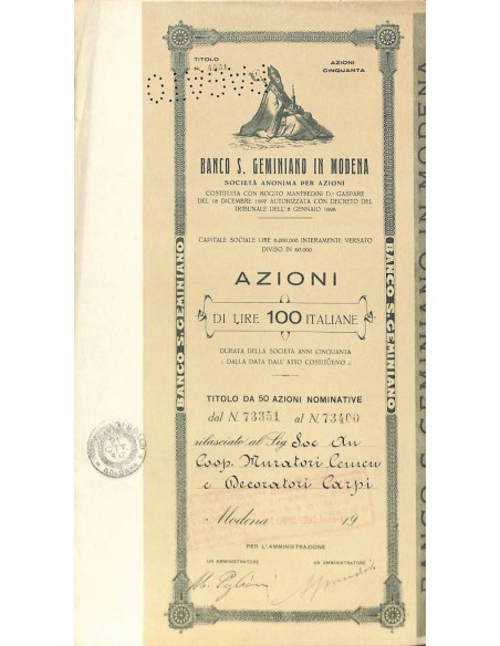 BANCO DI SAN GEMINIANO IN MODENA 50 AZIONI MODENA 1932