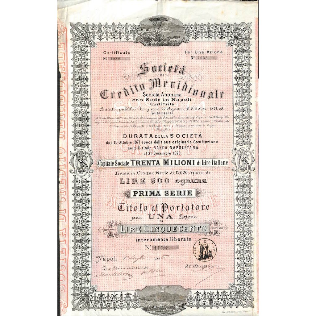 SOC. DI CREDITO MERIDIONALE - UNA AZIONE NAPOLI 1885