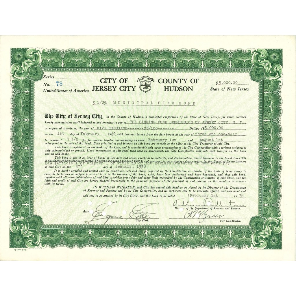 1938 - CITY OF JERSEY CITY - COUNTY OF HUDSON