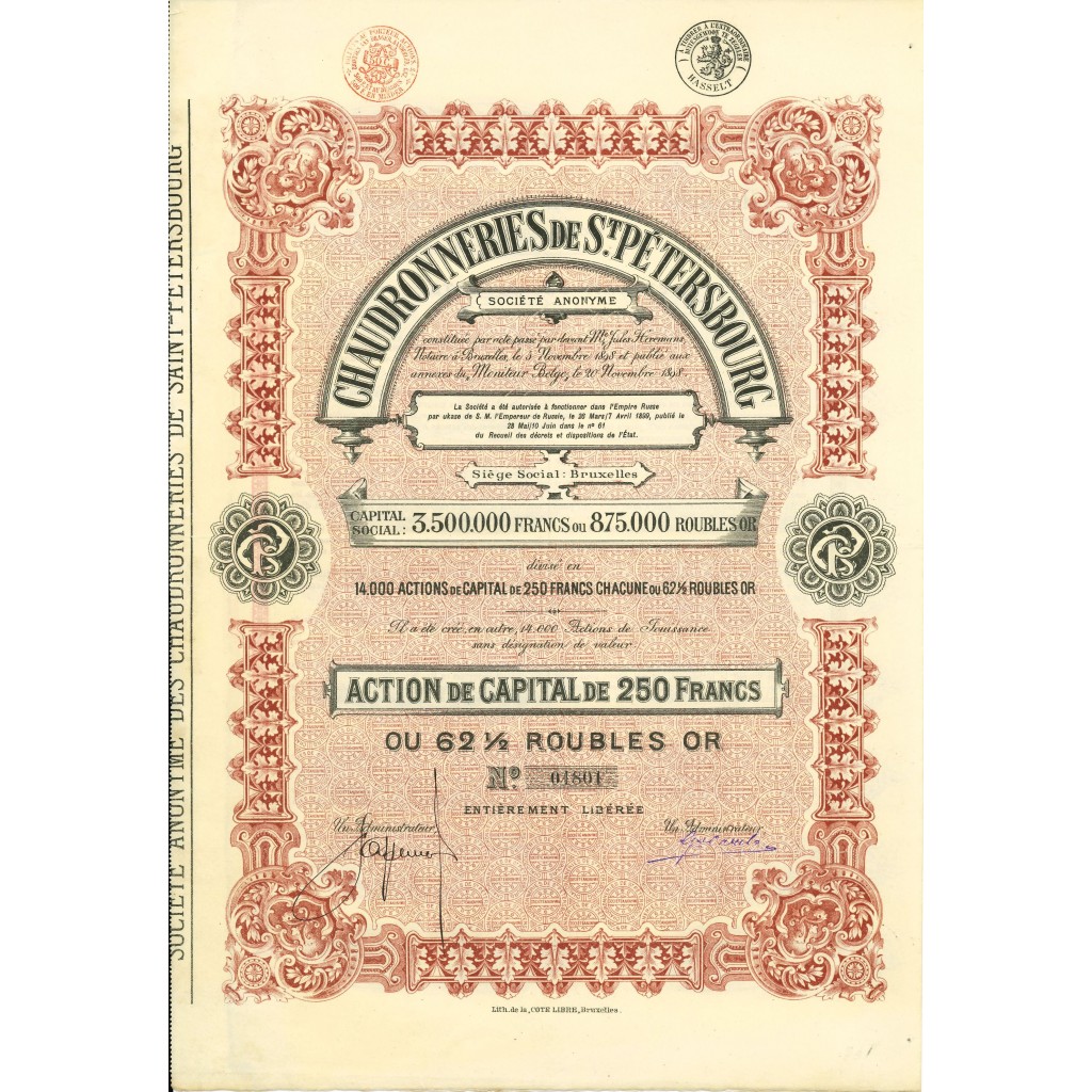 1898 - CHAUDRONNERIES DE S. PETERSBOURG 875.000...