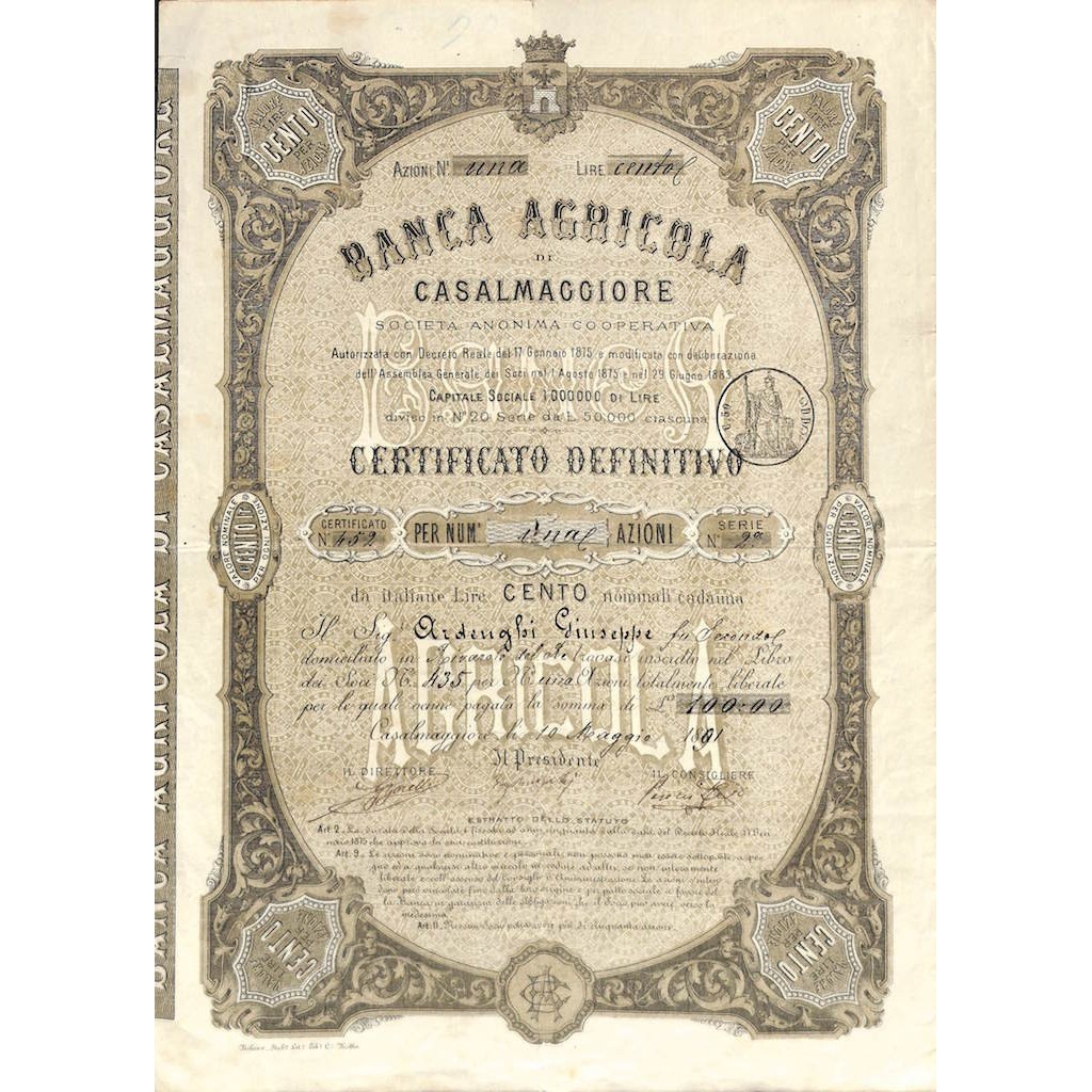 BANCA AGRICOLA DI CASALMAGGIORE - UNA AZIONE 1891