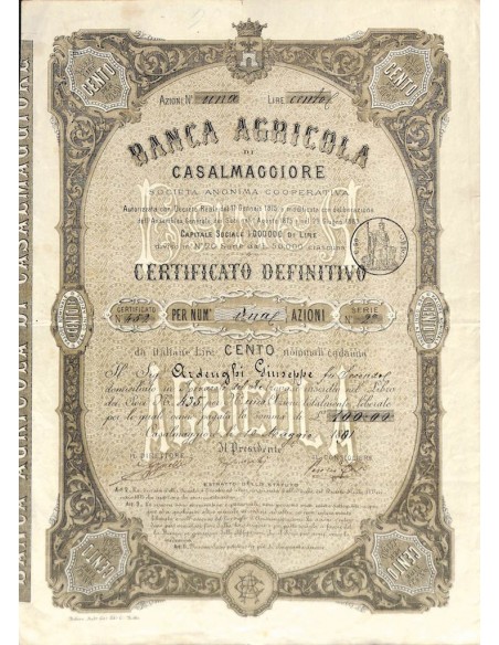 BANCA AGRICOLA DI CASALMAGGIORE - UNA AZIONE 1891