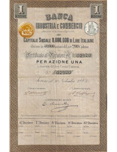 BANCA INDUSTRIA E COMMERCIO - UNA AZIONE TORINO 1882