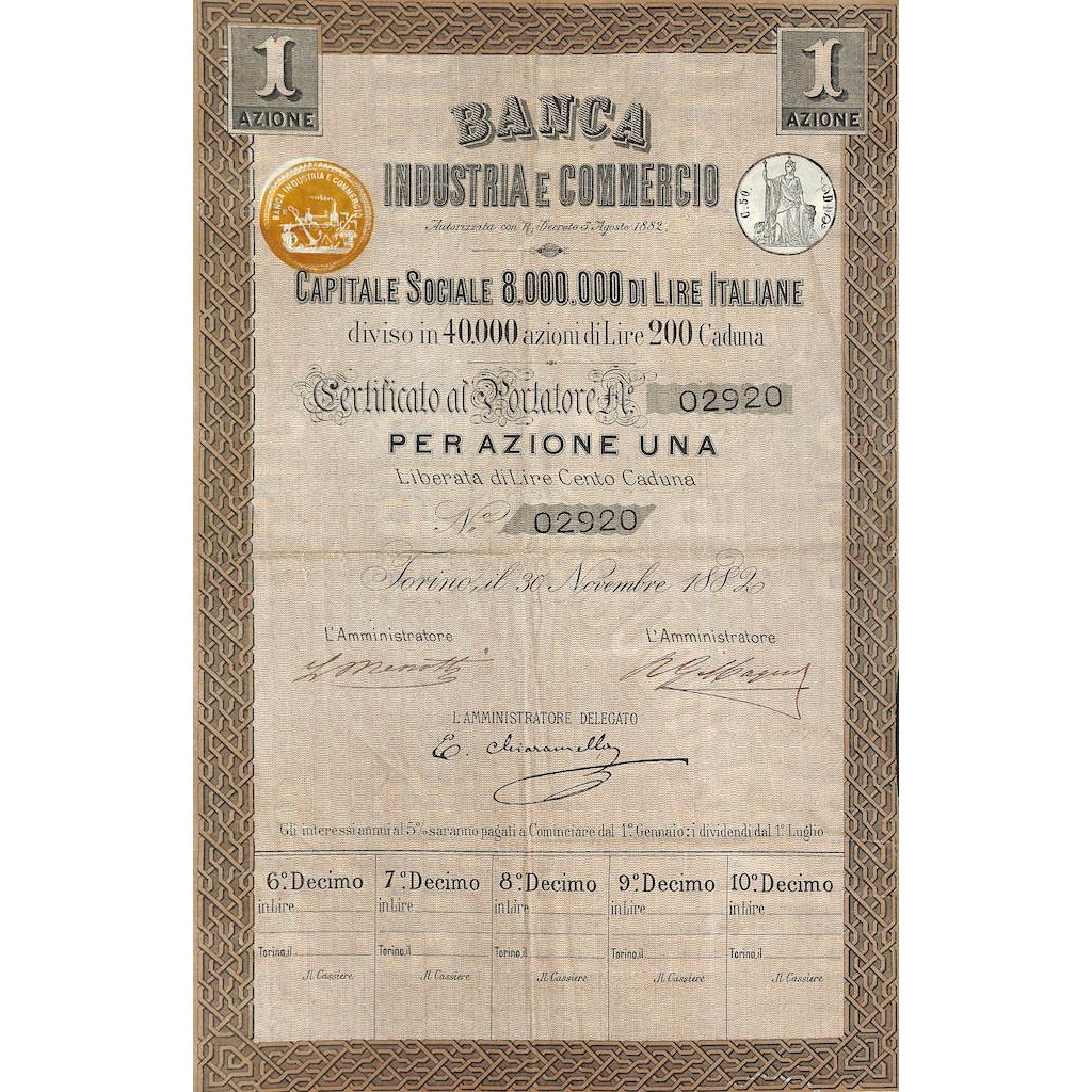 BANCA INDUSTRIA E COMMERCIO - UNA AZIONE TORINO 1882