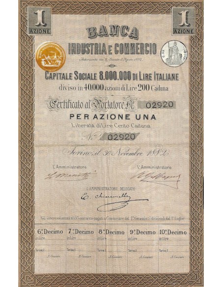 BANCA INDUSTRIA E COMMERCIO - UNA AZIONE TORINO 1882