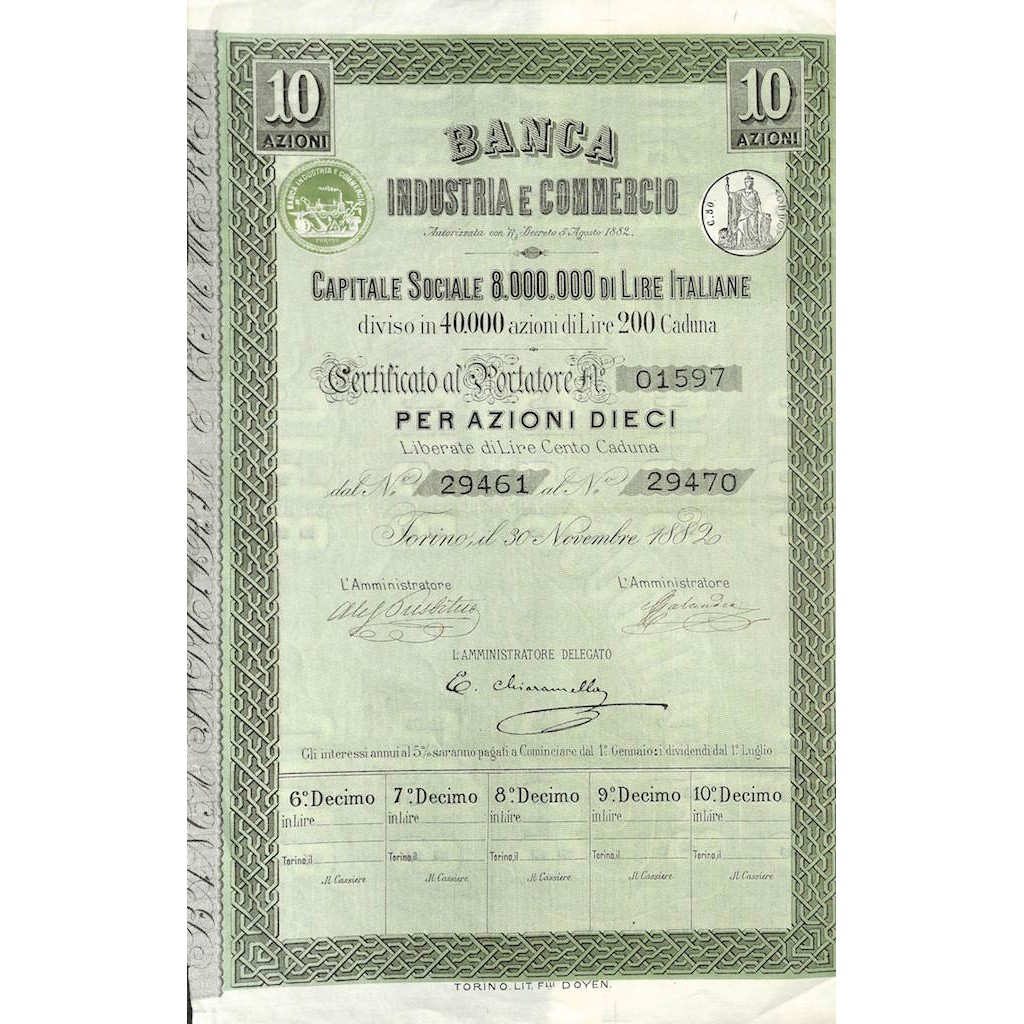 BANCA INDUSTRIA E COMMERCIO - 10 AZIONI TORINO 1882
