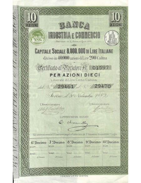 BANCA INDUSTRIA E COMMERCIO - 10 AZIONI TORINO 1882