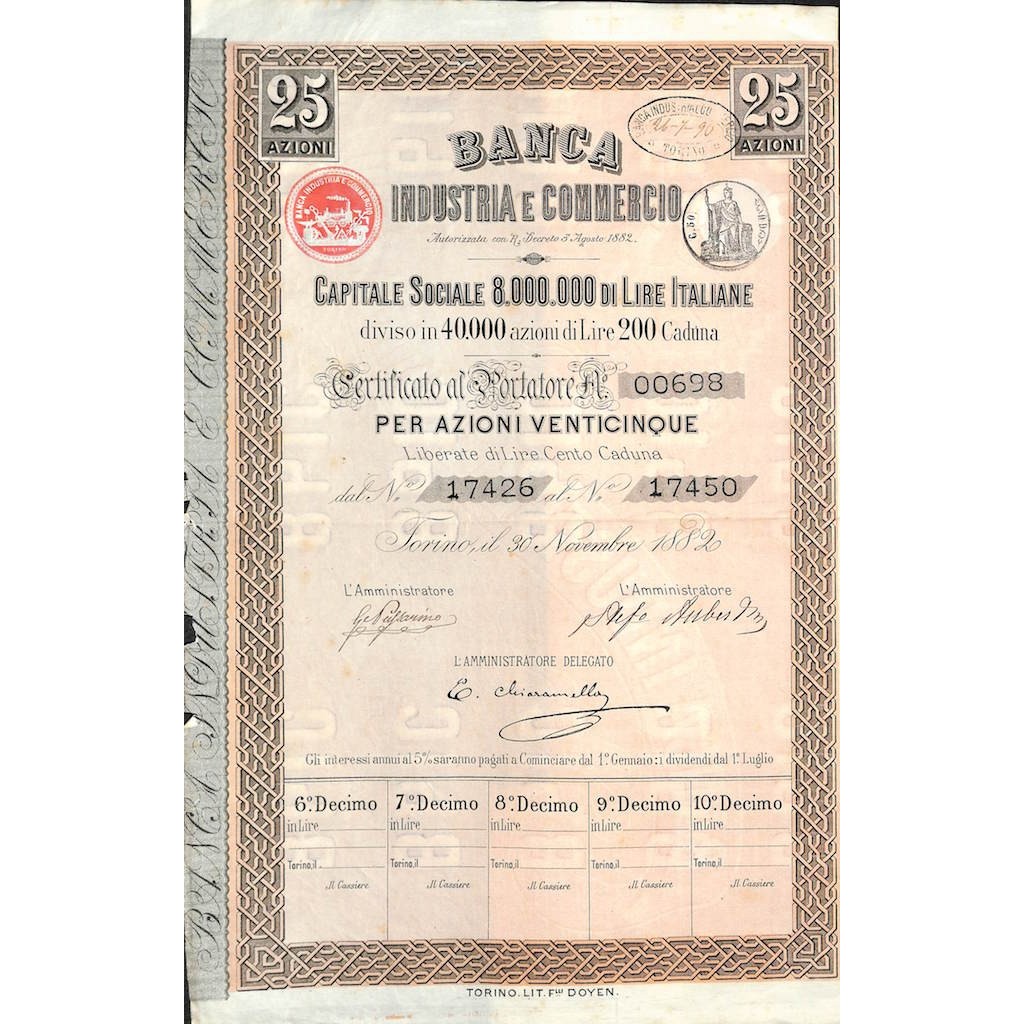 BANCA INDUSTRIA E COMMERCIO - 25 AZIONI TORINO 1882