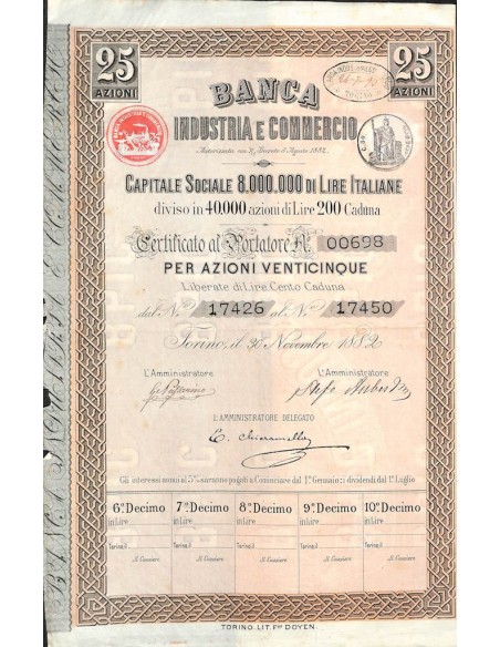 BANCA INDUSTRIA E COMMERCIO - 25 AZIONI TORINO 1882