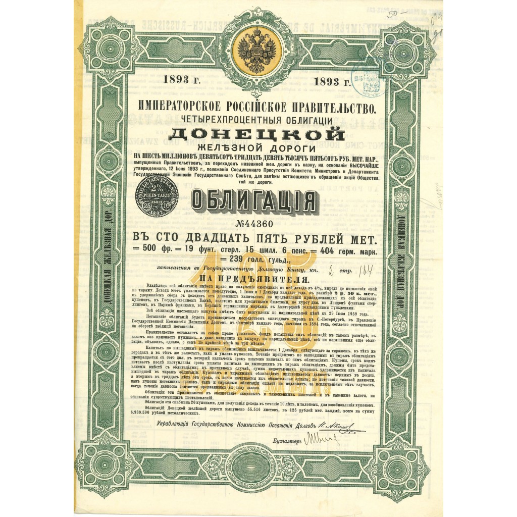 1893 - GOUVERNEMENT IMPERIAL DE RUSSIE - CHEMIN...