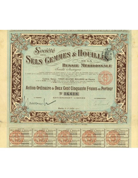 1911 - SELS GEMMES & HOUILLES DE LA RUSSIE MERIDIONALE SOC. DES (AZIONE)