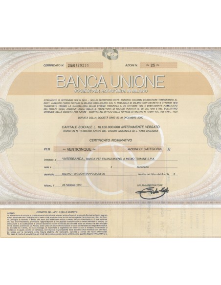 BANCA UNIONE 25 AZIONI MILANO 1974