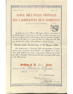 BANCA DELL'ITALIA CENTRALE PER L'AGRIC. ED IL COMM. 2 AZIONI PISTOIA 1921