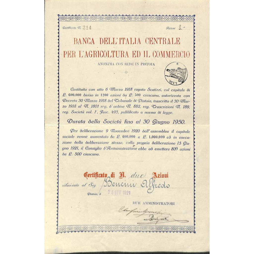 BANCA DELL'ITALIA CENTRALE PER L'AGRIC. ED IL COMM. 2 AZIONI PISTOIA 1921