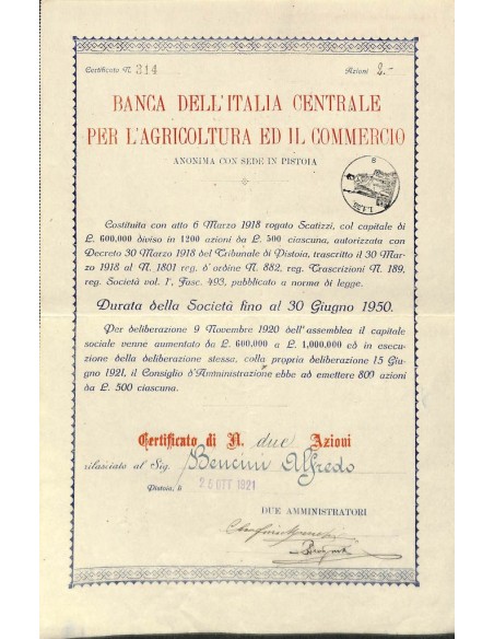 BANCA DELL'ITALIA CENTRALE PER L'AGRIC. ED IL COMM. 2 AZIONI PISTOIA 1921