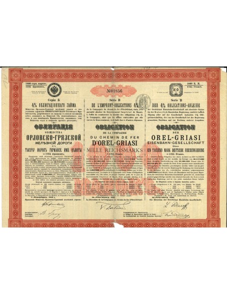 1889 - CHEMIN DE FER D'OREL-GRIASI COMP. DU (1000 Reichsmarks)