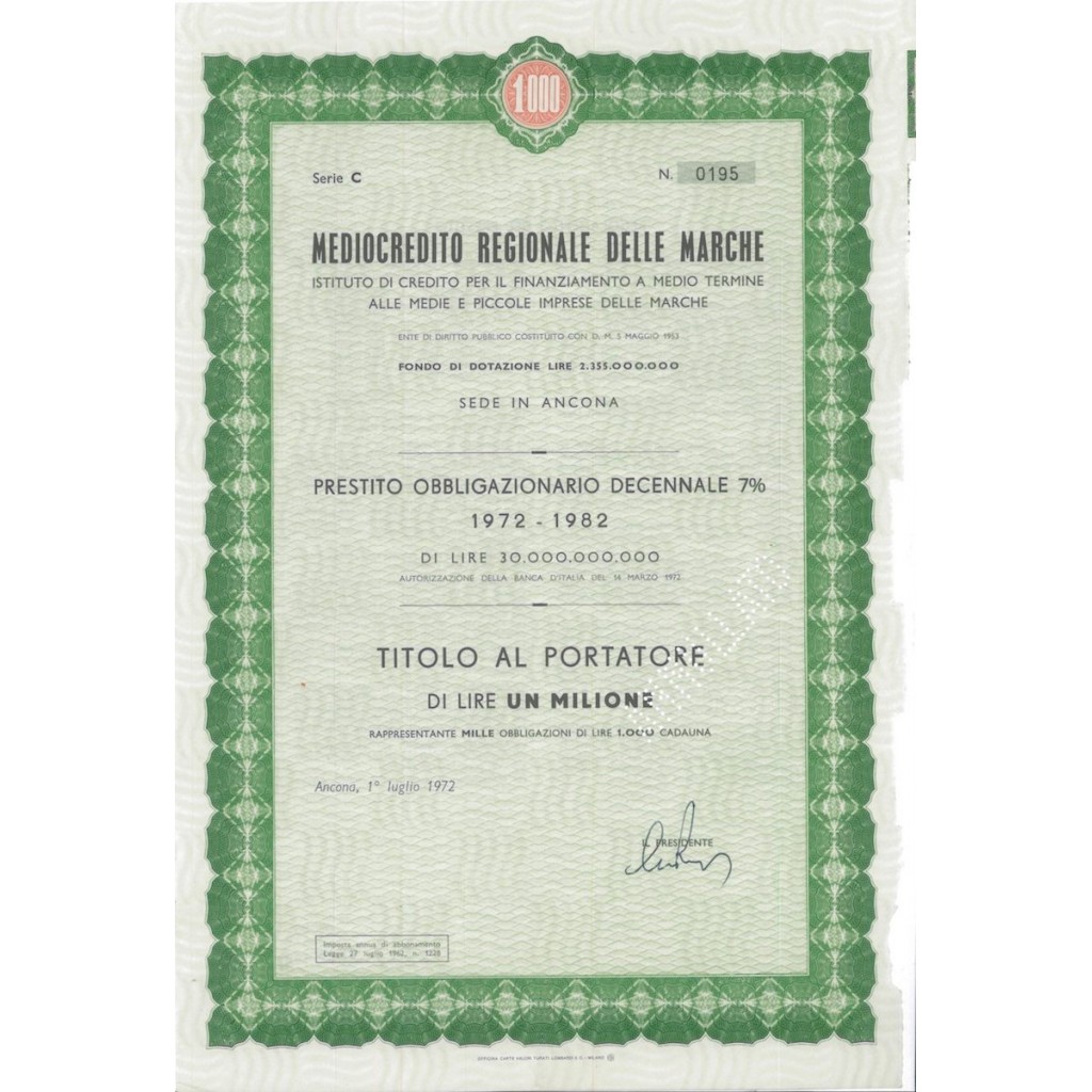 MEDIOCREDITO REGIONALE DELLE MARCHE - 1000 OBBLIG. ANCONA 1972