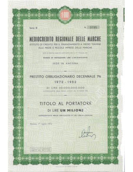 MEDIOCREDITO REGIONALE DELLE MARCHE - 1000 OBBLIG. ANCONA 1972