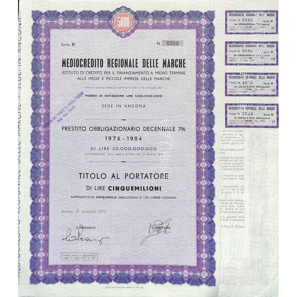 MEDIOCREDITO REGIONALE DELLE MARCHE - 5000 OBBLIG. ANCONA 1973