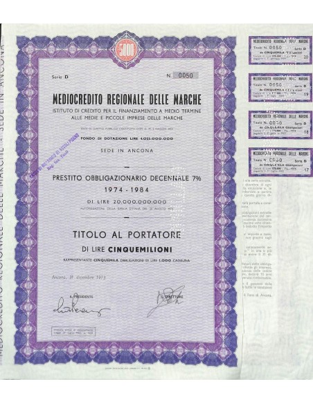 MEDIOCREDITO REGIONALE DELLE MARCHE - 5000 OBBLIG. ANCONA 1973