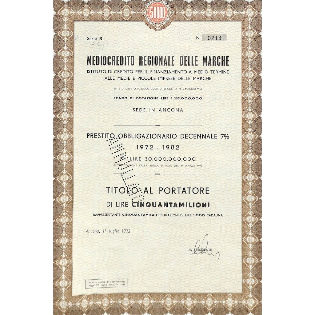 MEDIOCREDITO REGIONALE DELLE MARCHE - 50000 OBBLIG. ANCONA 1972