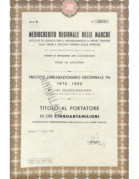 MEDIOCREDITO REGIONALE DELLE MARCHE - 50000 OBBLIG. ANCONA 1972