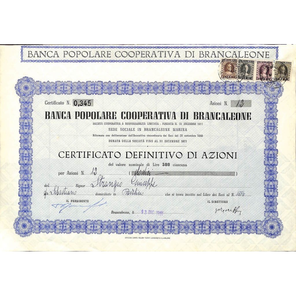 BANCA POPOLARE COOP. DI BRANCALEONE - AZIONI 1951
