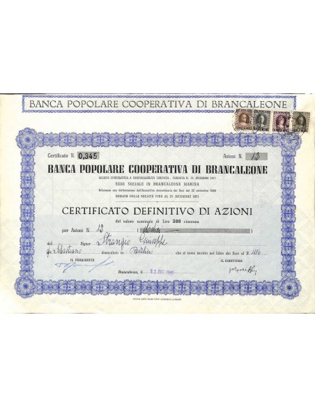 BANCA POPOLARE COOP. DI BRANCALEONE - AZIONI 1951
