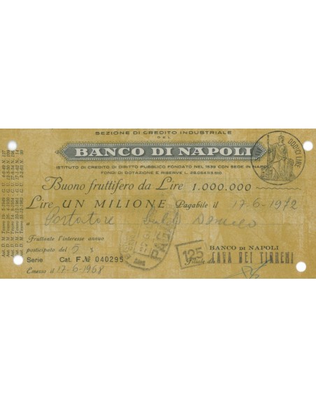 BANCO DI NAPOLI BUONO FRUTTIFERO DA LIRE 1 MILIONE CAVA DEI TIRRENI 1968