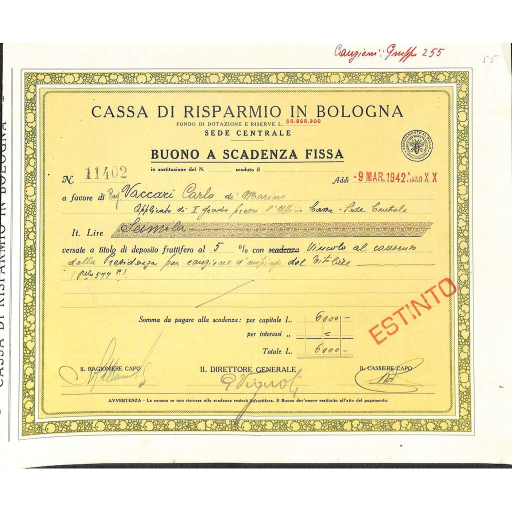 CASSA DI RISPARMIO IN BOLOGNA - BUONO 5% - 1942