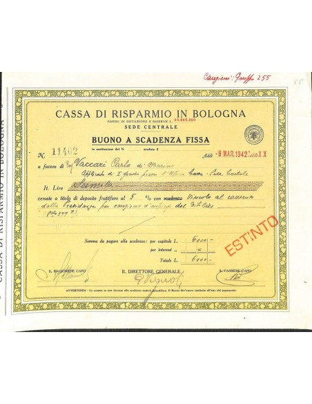 CASSA DI RISPARMIO IN BOLOGNA - BUONO 5% - 1942