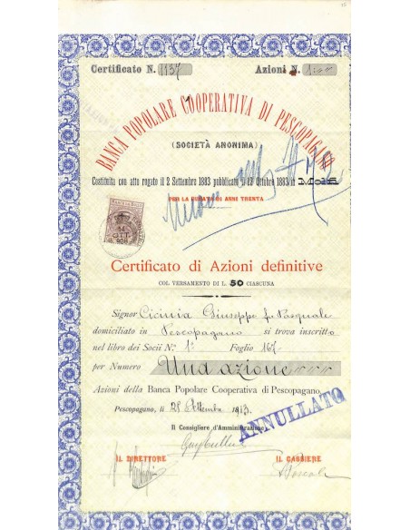 BANCA POP COOP. DI PESCOPAGANO - AZIONI 1912