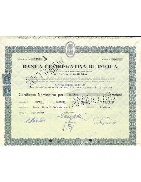 BANCA COOP DI IMOLA - AZIONI IMOLA 1959