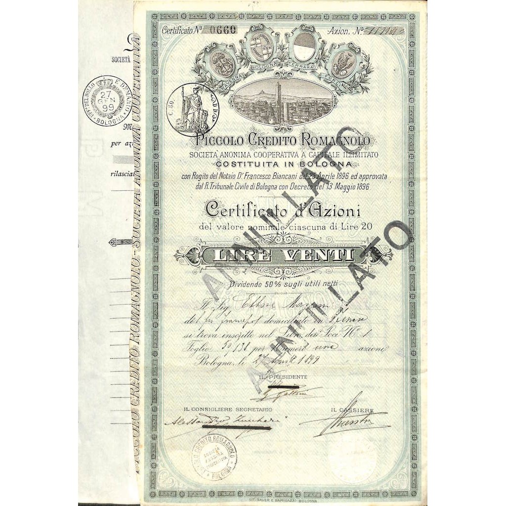 PICCOLO CREDITO ROMAGNOLO - UNA AZIONE BOLOGNA 189