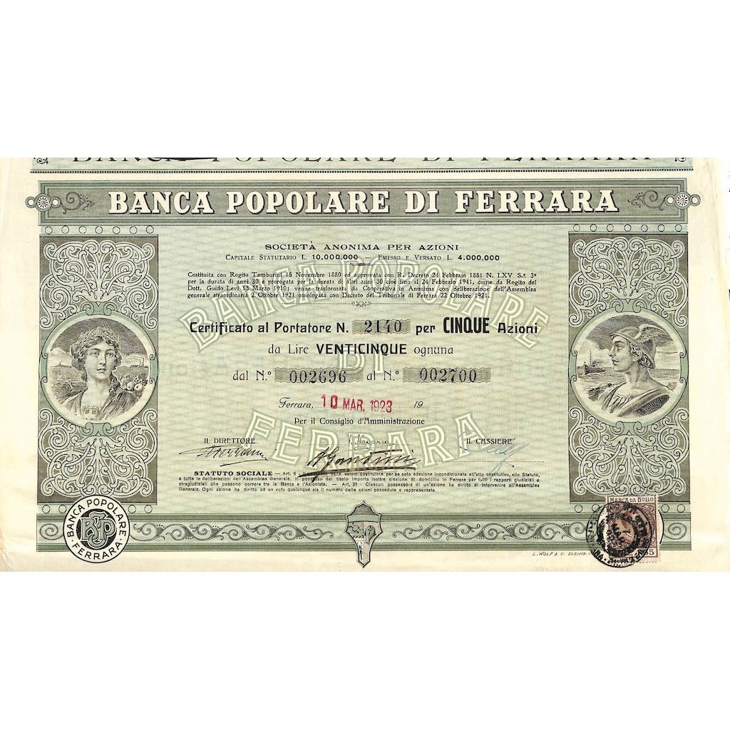 BANCA POPOLARE DI FERRARA - 5 AZIONI FERRARA 1923