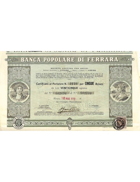 BANCA POPOLARE DI FERRARA - 5 AZIONI FERRARA 1923