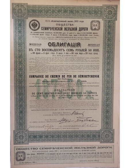 1913 - CHEMIN DE FER DE SEMIRETCHENSK COMP. DU 187,50 RUBLI