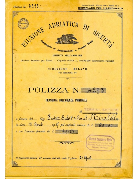 1917 - RAS RIUNIONE ADRIATICA DI SICURTA' - INCENDIO - TERMINI IMERESE